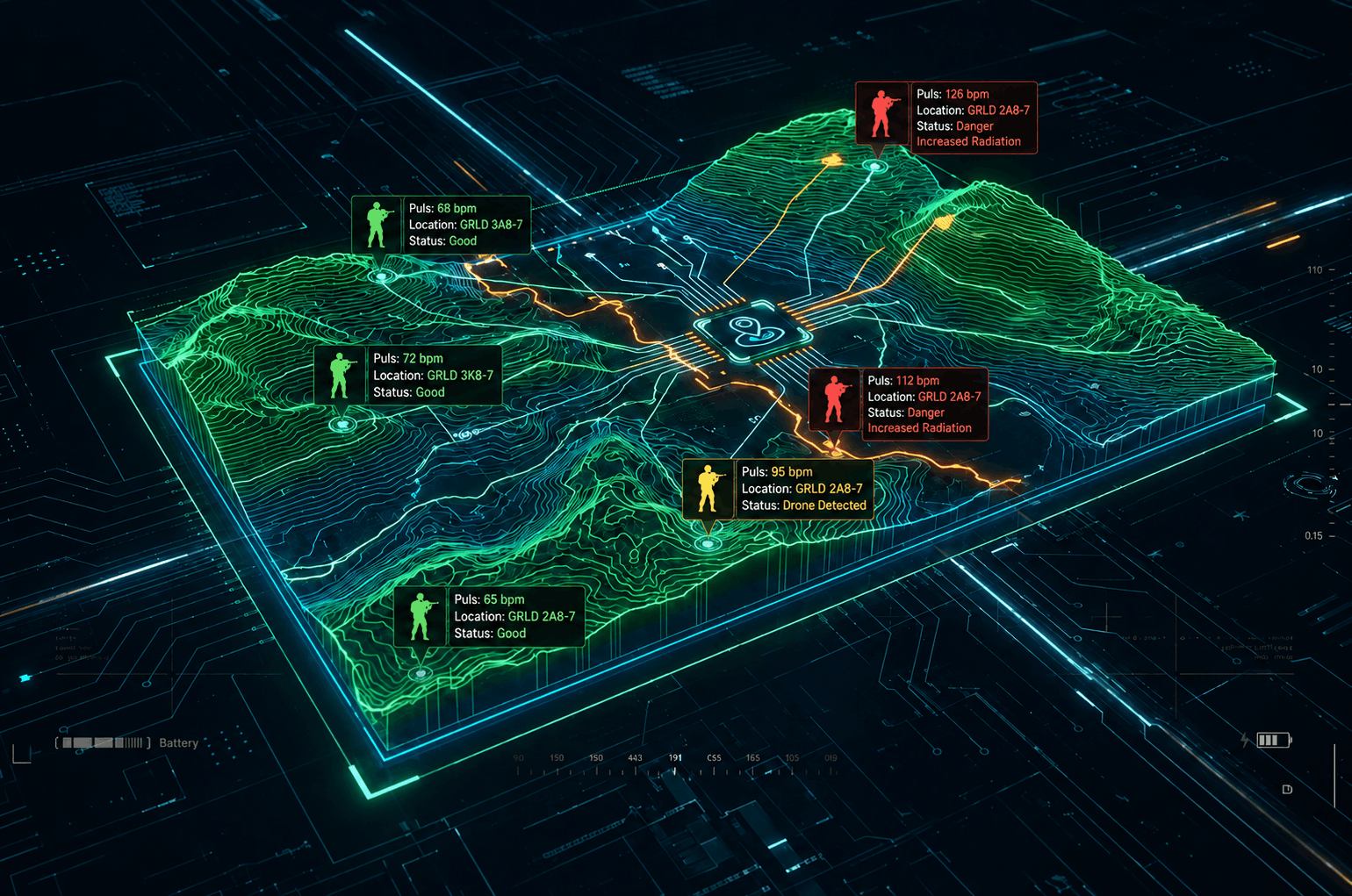 Real-time command map showing live soldier positions, vitals and alerts